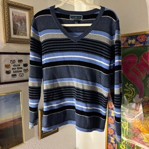 Blue Striped V-Neck Sweater
